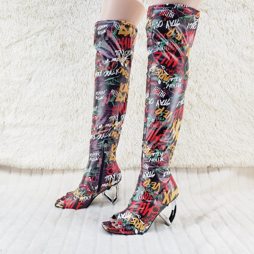 Zen Love Colorful Graffiti Print Over The Knee Boots With Wedge Heart heels - Picture 11 of 16